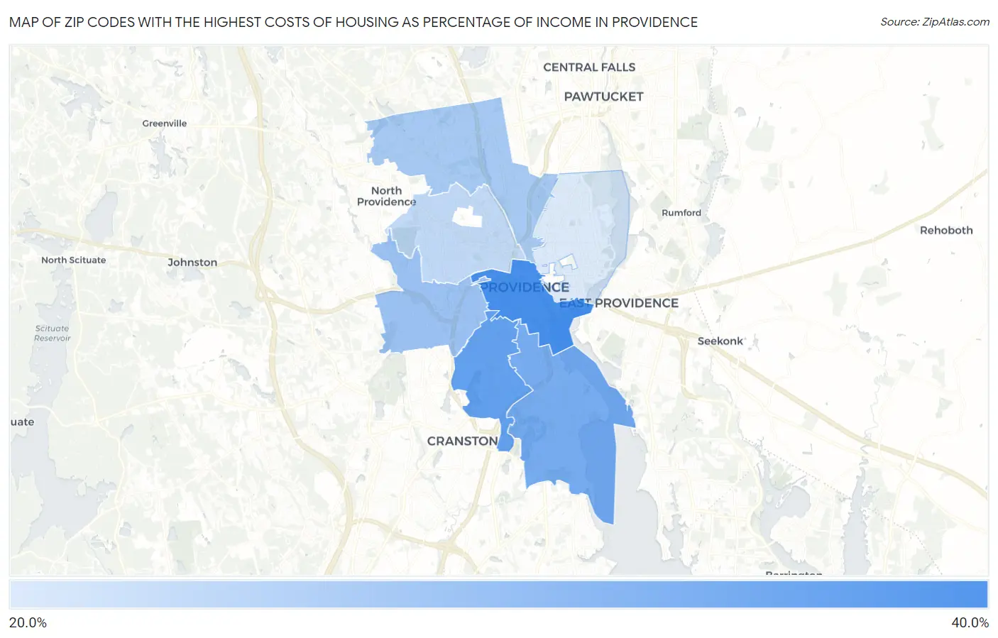 Zip Codes with the Highest Costs of Housing as Percentage of Income in Providence Map