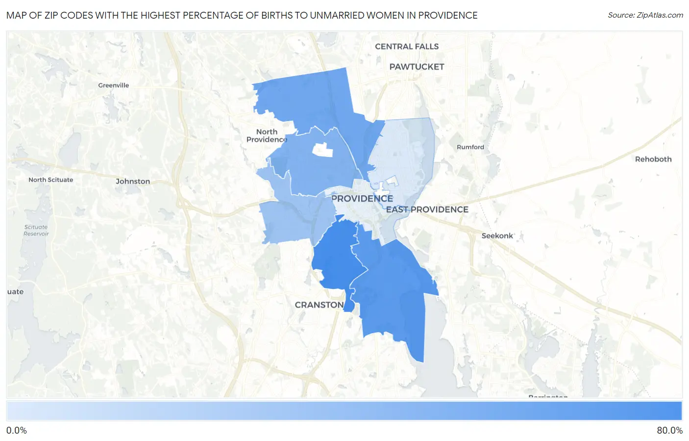 Zip Codes with the Highest Percentage of Births to Unmarried Women in Providence Map