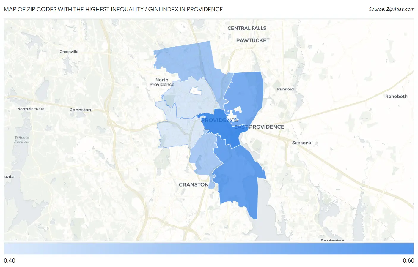 Zip Codes with the Highest Inequality / Gini Index in Providence Map