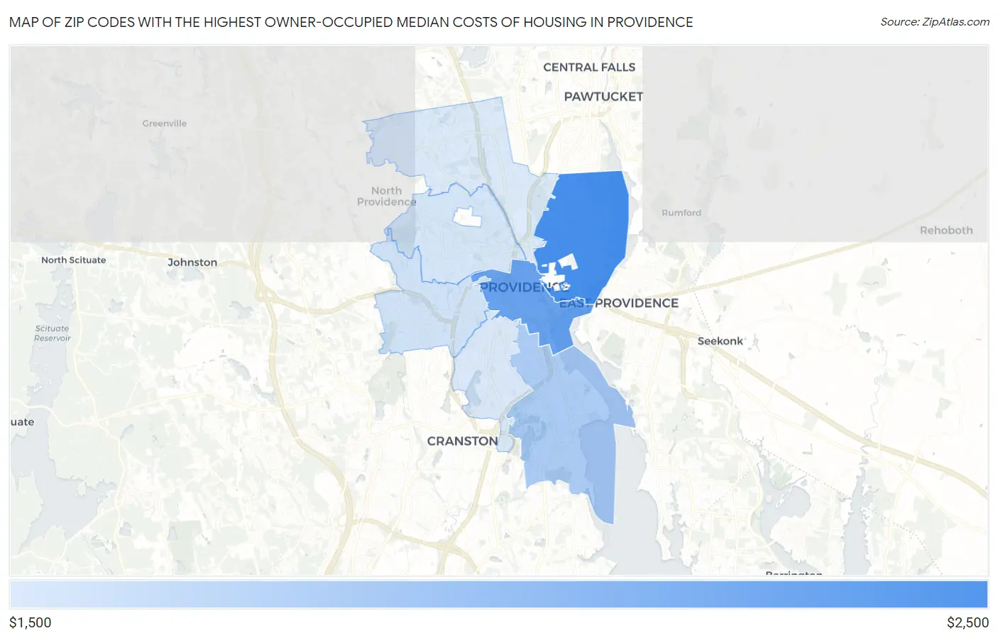 Zip Codes with the Highest Owner-Occupied Median Costs of Housing in Providence Map
