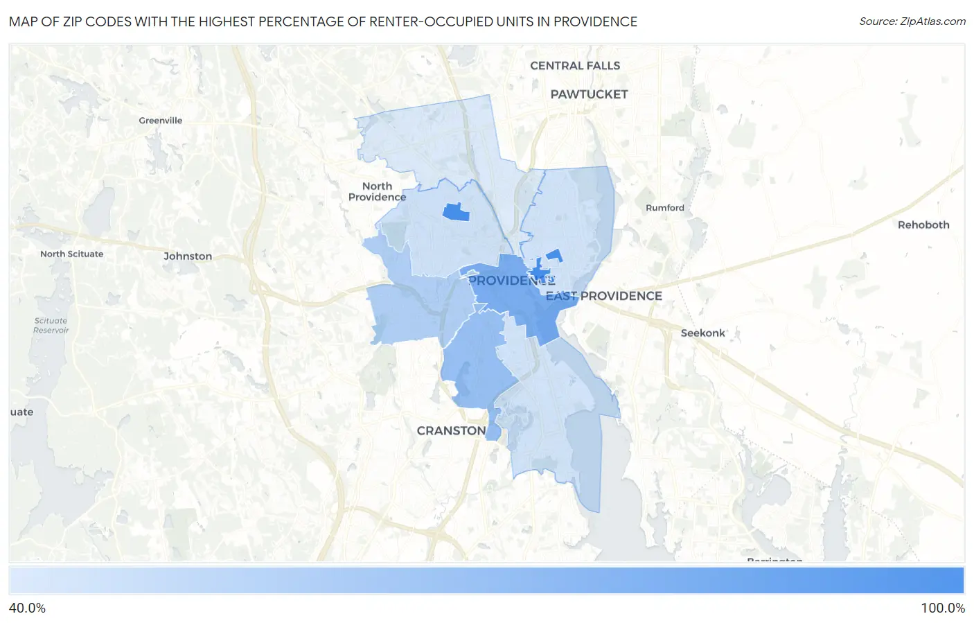 Zip Codes with the Highest Percentage of Renter-Occupied Units in Providence Map