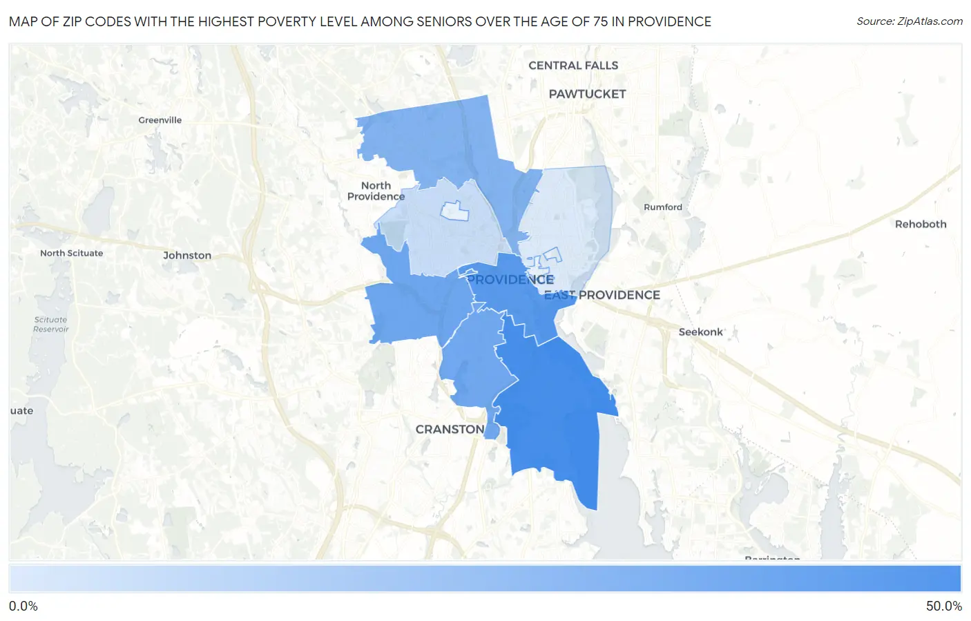 Zip Codes with the Highest Poverty Level Among Seniors Over the Age of 75 in Providence Map