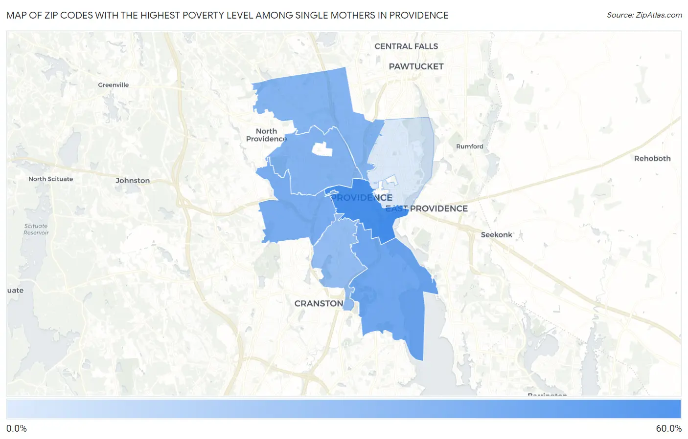 Zip Codes with the Highest Poverty Level Among Single Mothers in Providence Map