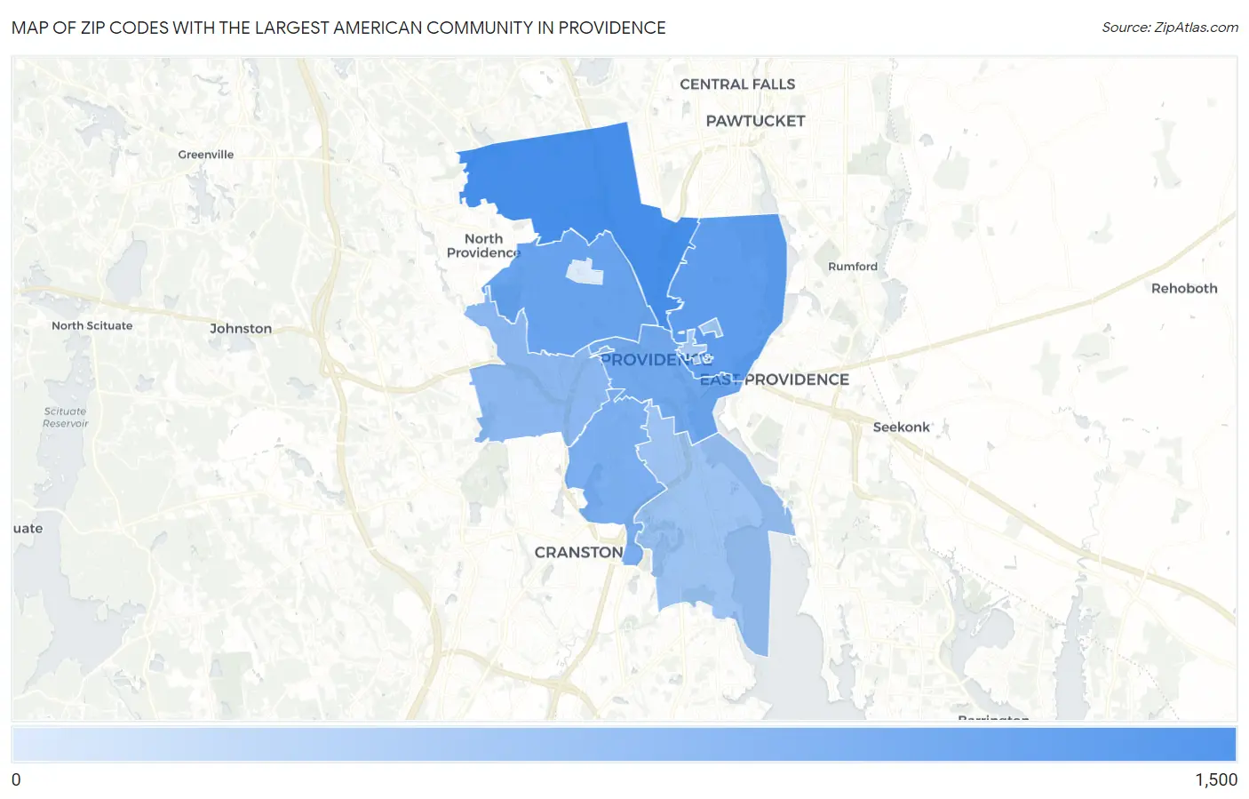 Zip Codes with the Largest American Community in Providence Map