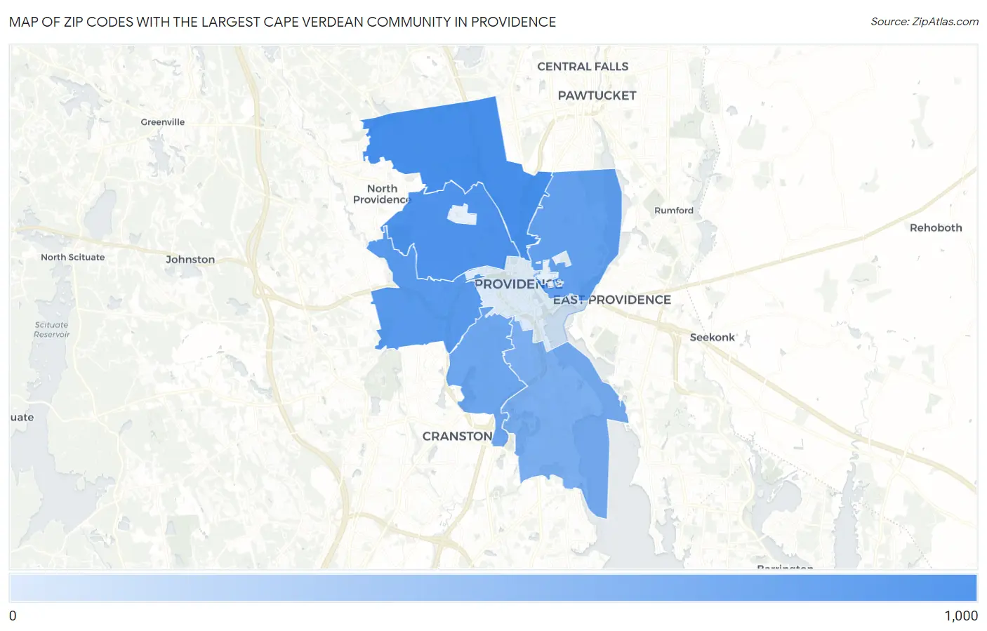 Zip Codes with the Largest Cape Verdean Community in Providence Map