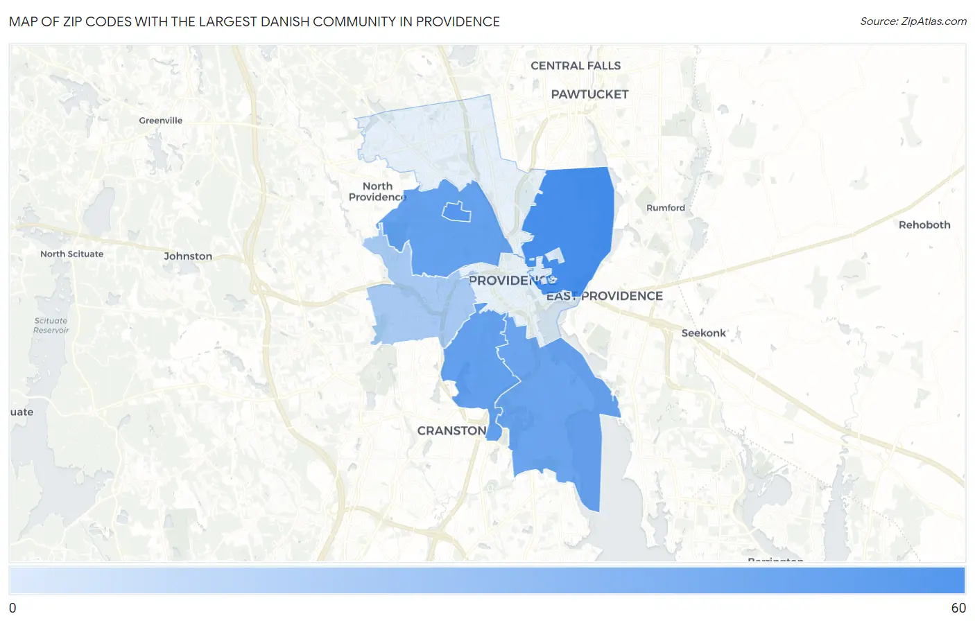 Zip Codes with the Largest Danish Community in Providence Map