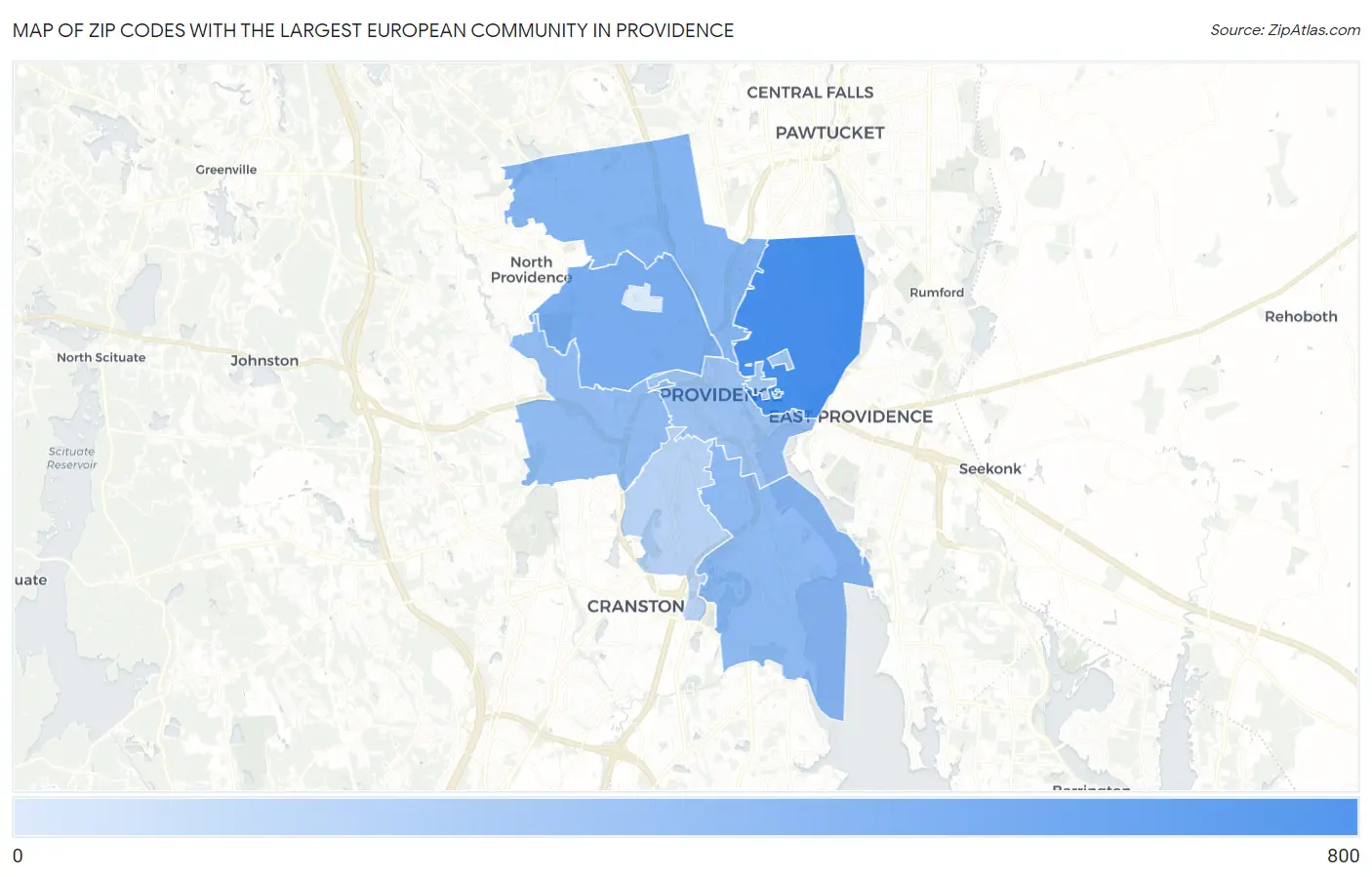 Zip Codes with the Largest European Community in Providence Map