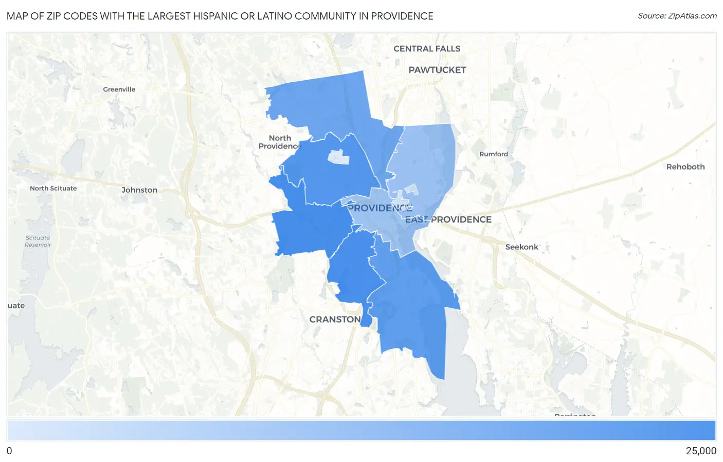 Zip Codes with the Largest Hispanic or Latino Community in Providence Map