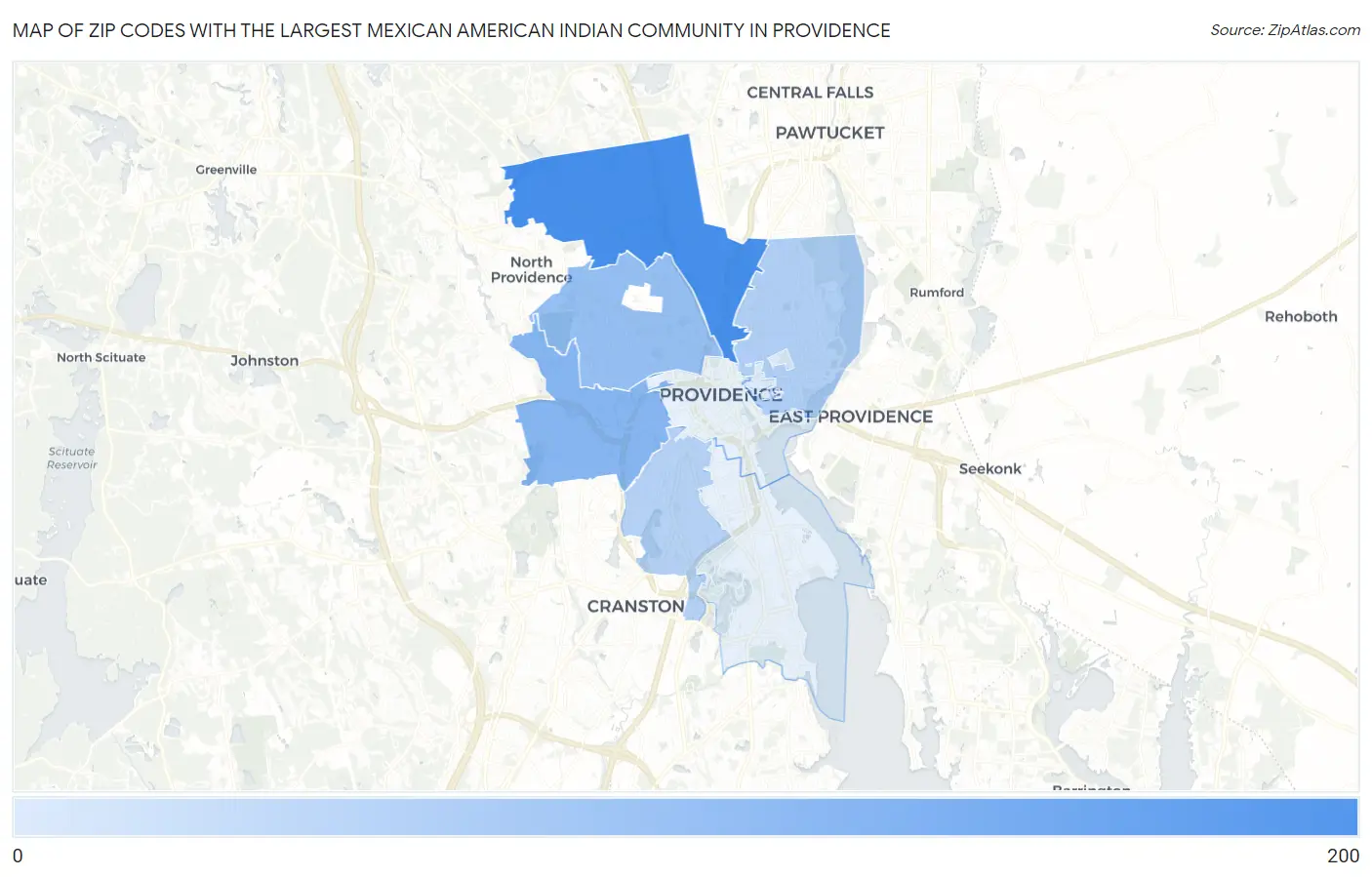 Zip Codes with the Largest Mexican American Indian Community in Providence Map