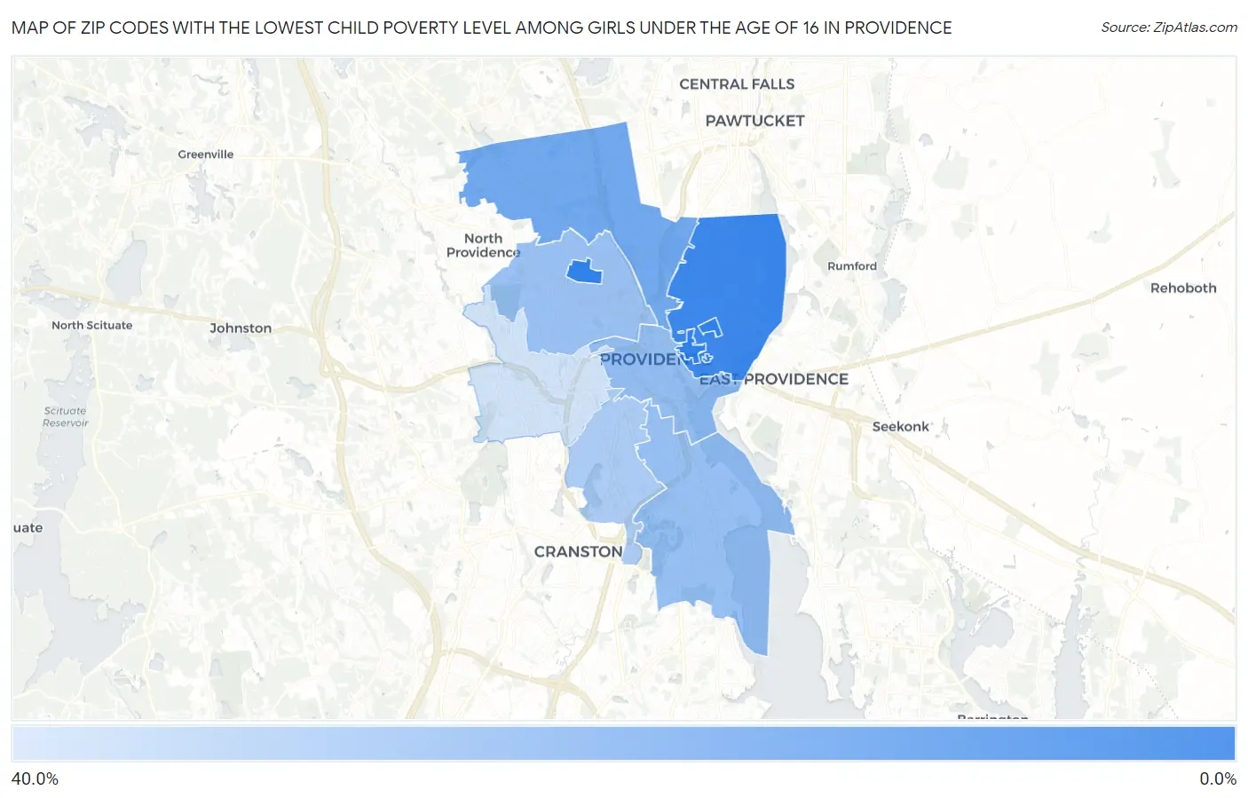 Zip Codes with the Lowest Child Poverty Level Among Girls Under the Age of 16 in Providence Map