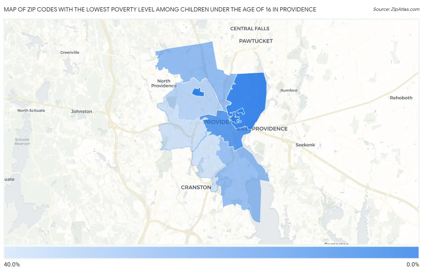 Zip Codes with the Lowest Poverty Level Among Children Under the Age of 16 in Providence Map
