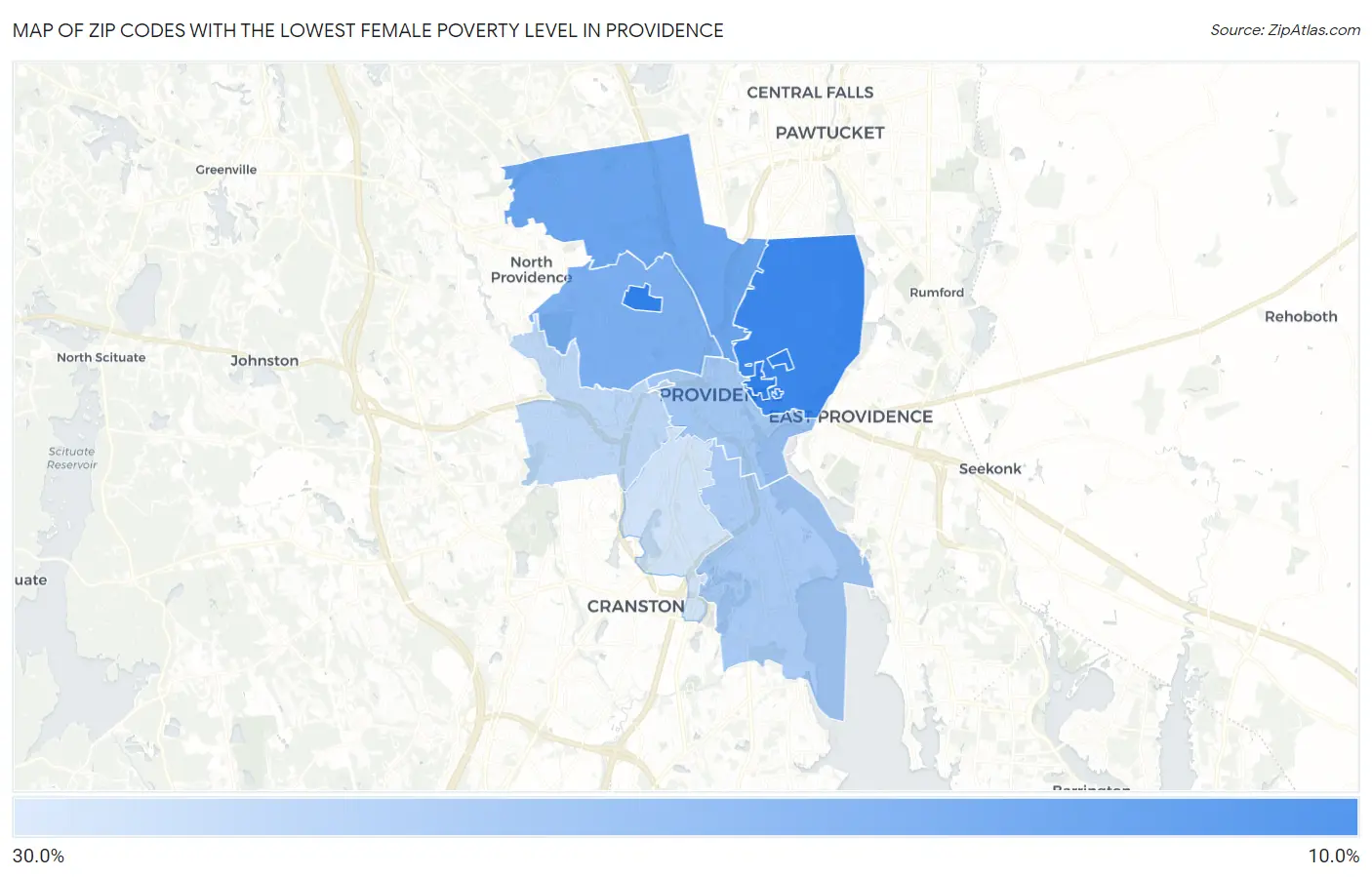 Zip Codes with the Lowest Female Poverty Level in Providence Map