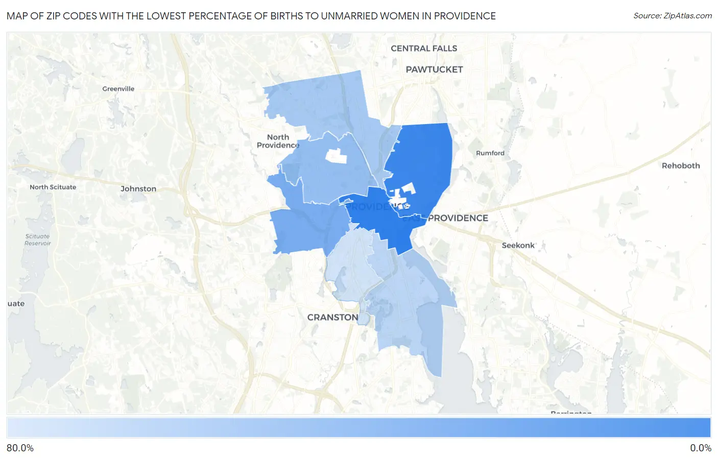 Zip Codes with the Lowest Percentage of Births to Unmarried Women in Providence Map