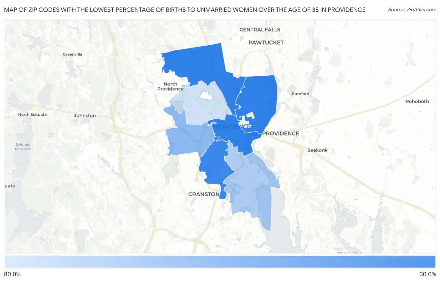 Zip Codes with the Lowest Percentage of Births to Unmarried Women over the Age of 35 in Providence Map