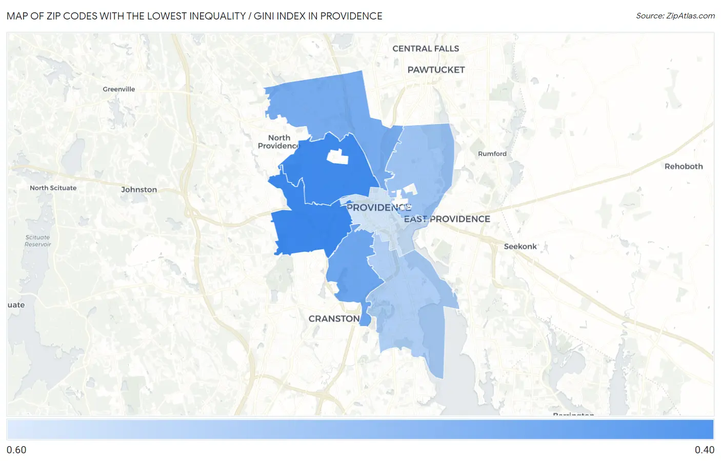 Zip Codes with the Lowest Inequality / Gini Index in Providence Map