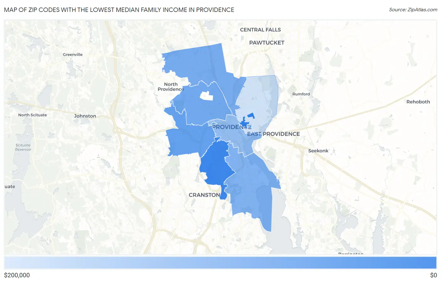Zip Codes with the Lowest Median Family Income in Providence Map