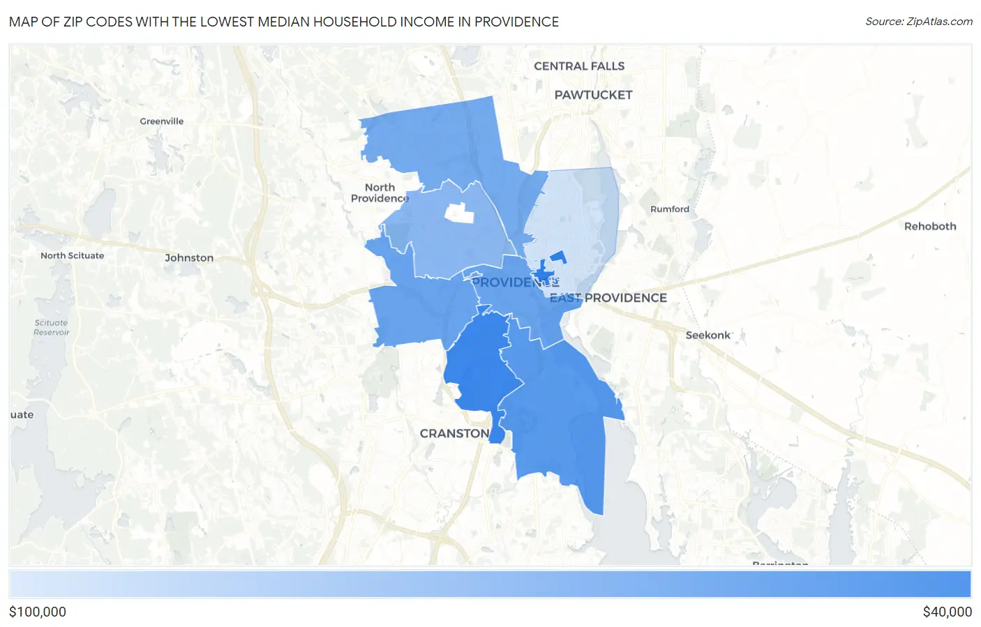 Zip Codes with the Lowest Median Household Income in Providence Map