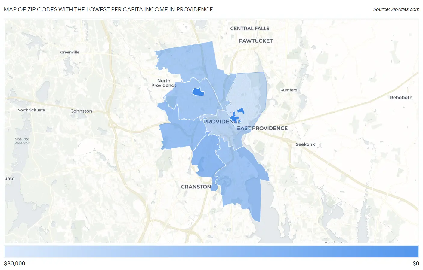 Zip Codes with the Lowest Per Capita Income in Providence Map