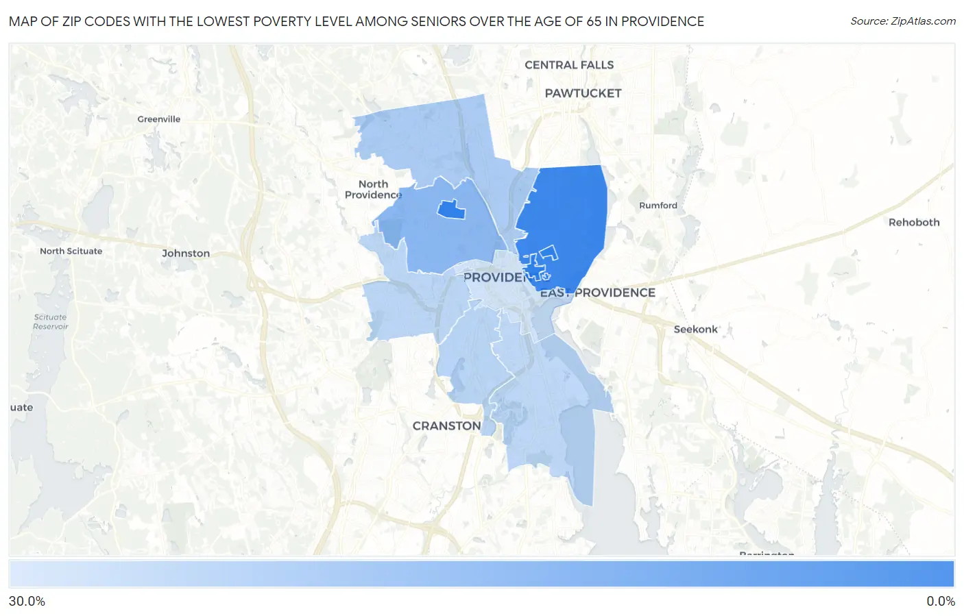 Zip Codes with the Lowest Poverty Level Among Seniors Over the Age of 65 in Providence Map