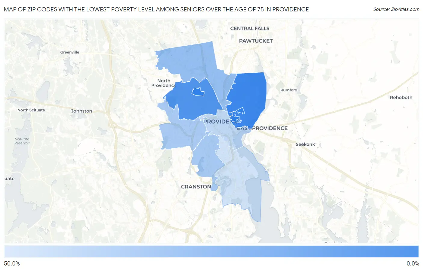 Zip Codes with the Lowest Poverty Level Among Seniors Over the Age of 75 in Providence Map