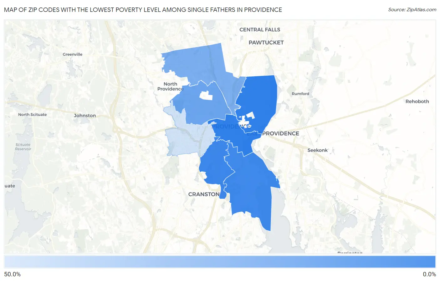 Zip Codes with the Lowest Poverty Level Among Single Fathers in Providence Map