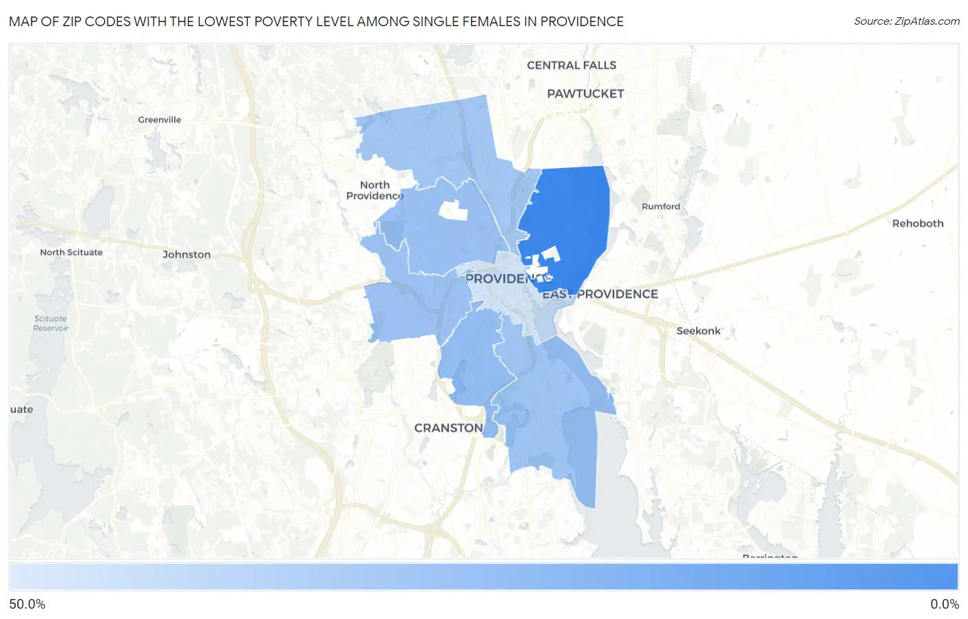 Zip Codes with the Lowest Poverty Level Among Single Females in Providence Map