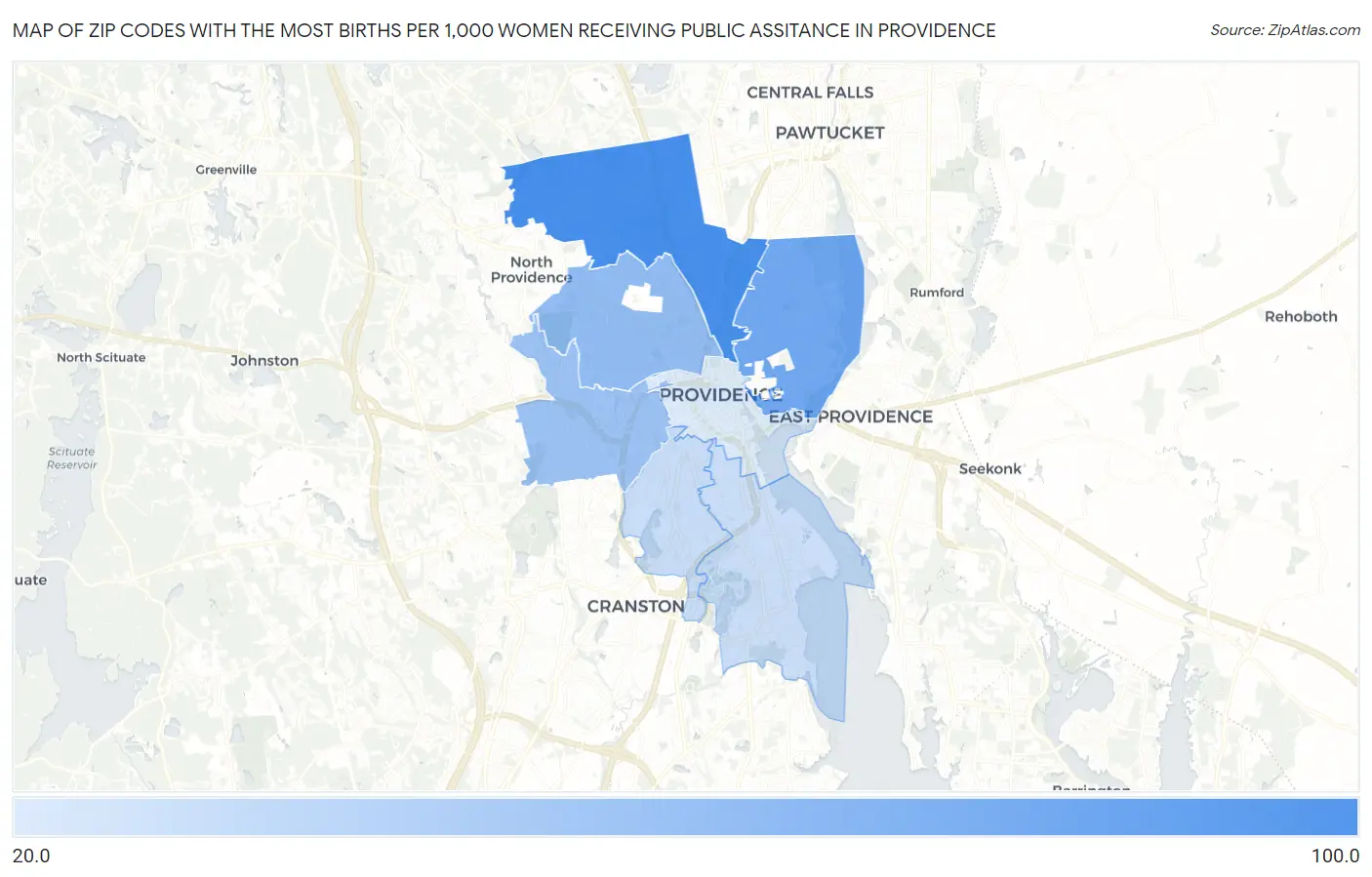 Zip Codes with the Most Births per 1,000 Women Receiving Public Assitance in Providence Map
