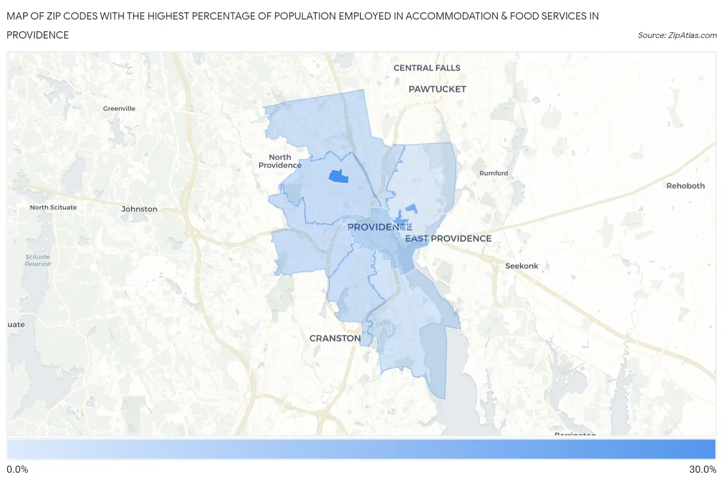 Zip Codes with the Highest Percentage of Population Employed in Accommodation & Food Services in Providence Map