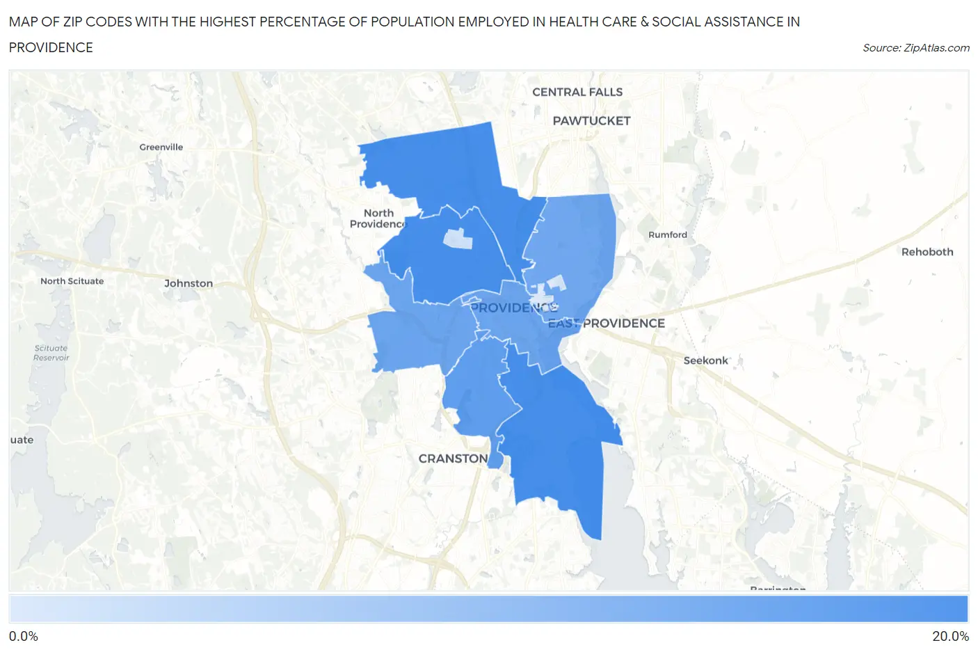 Zip Codes with the Highest Percentage of Population Employed in Health Care & Social Assistance in Providence Map