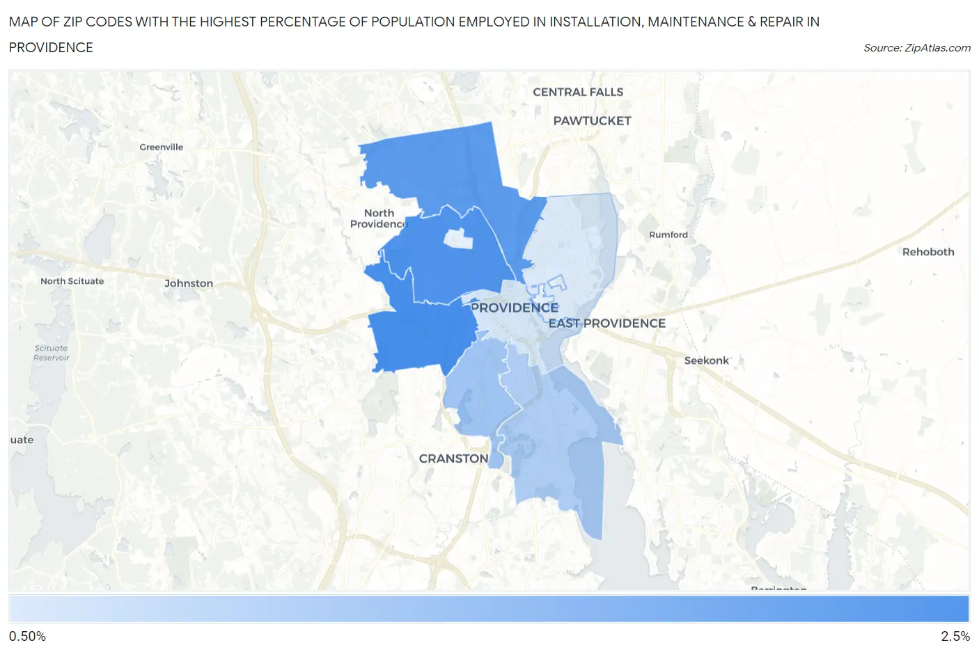Zip Codes with the Highest Percentage of Population Employed in Installation, Maintenance & Repair in Providence Map