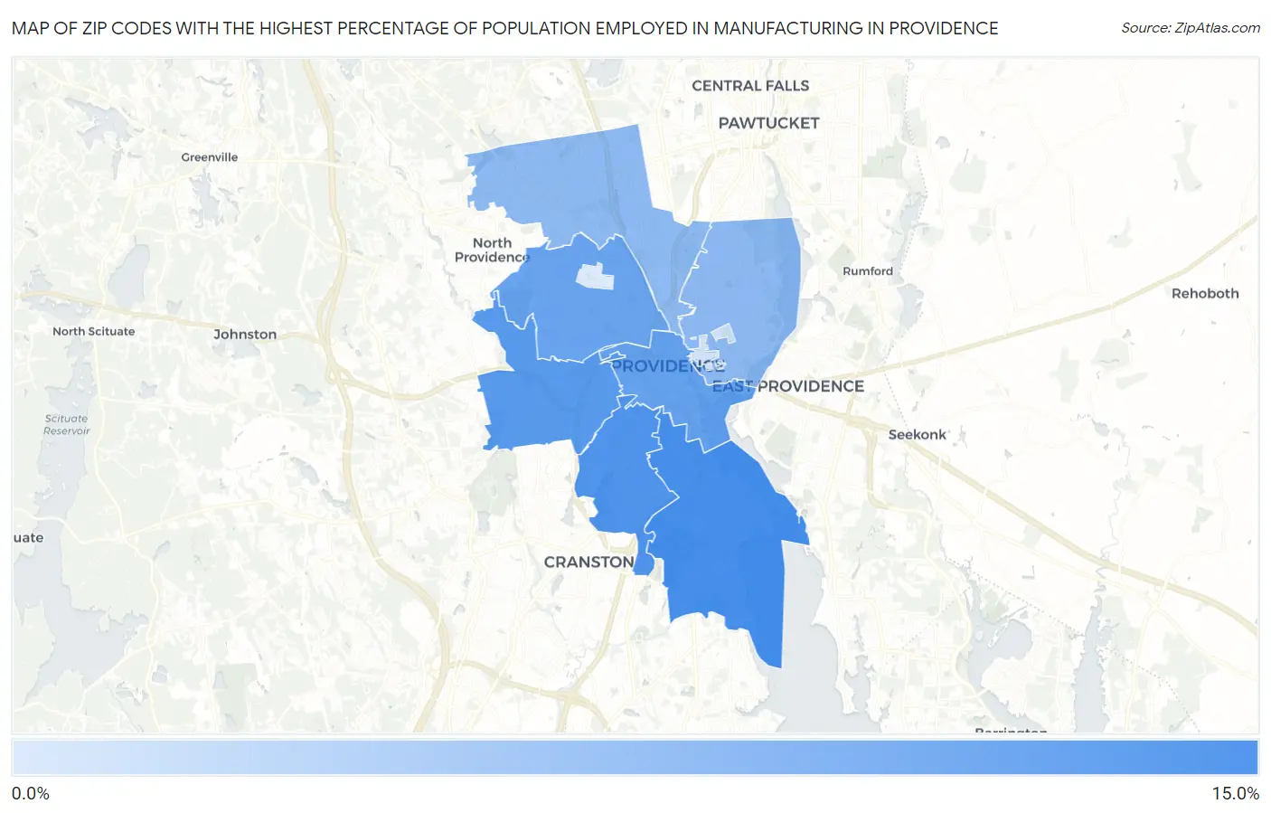 Zip Codes with the Highest Percentage of Population Employed in Manufacturing in Providence Map