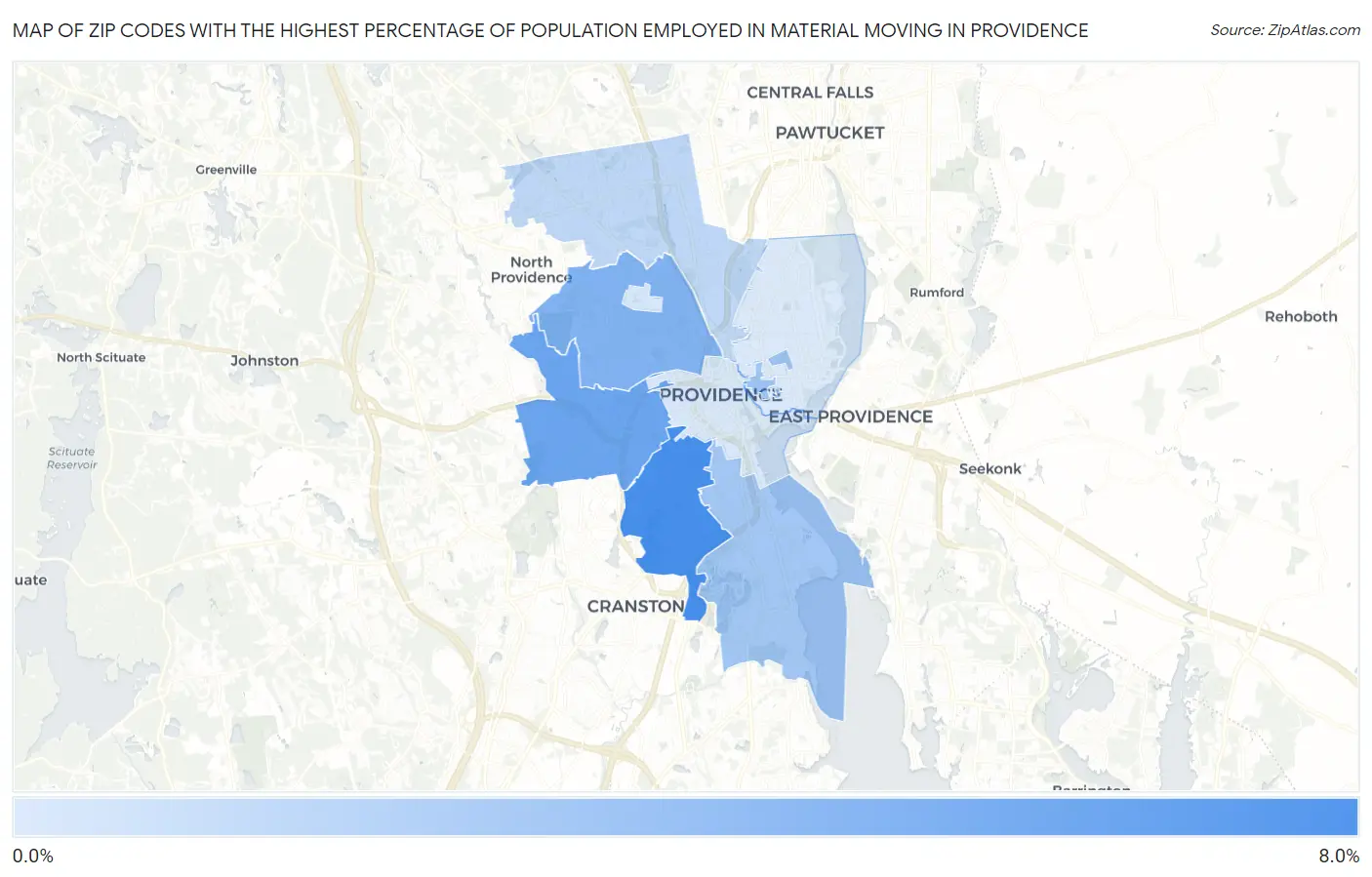 Zip Codes with the Highest Percentage of Population Employed in Material Moving in Providence Map