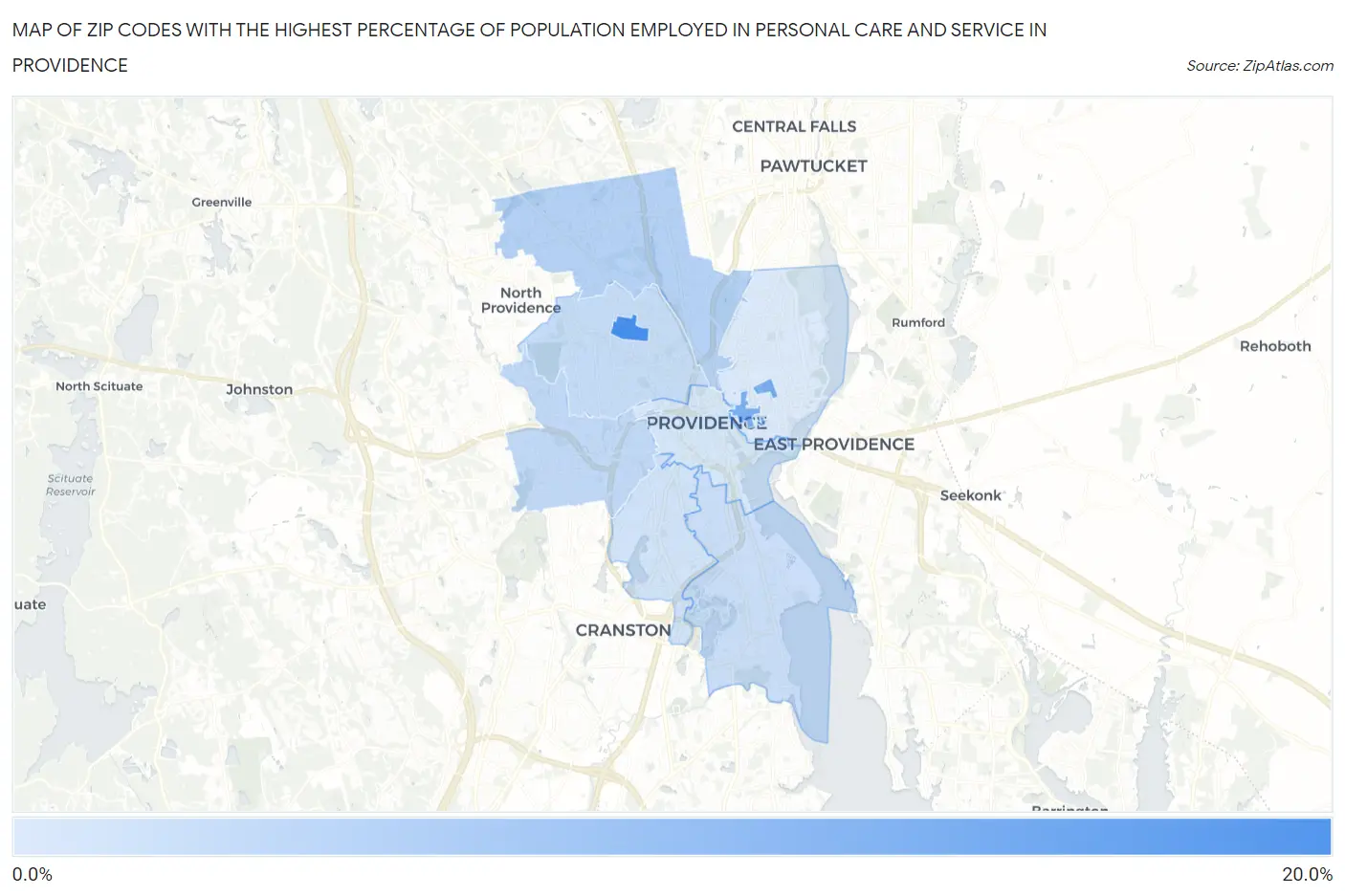 Zip Codes with the Highest Percentage of Population Employed in Personal Care and Service in Providence Map