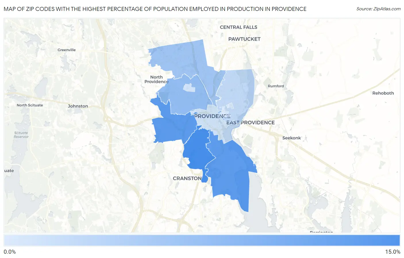 Zip Codes with the Highest Percentage of Population Employed in Production in Providence Map