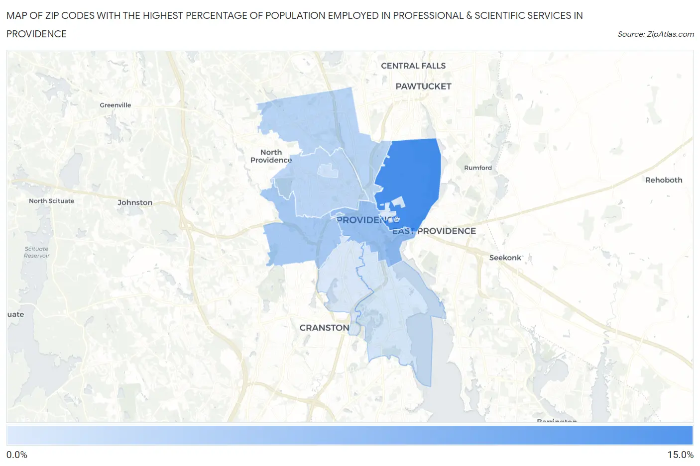 Zip Codes with the Highest Percentage of Population Employed in Professional & Scientific Services in Providence Map