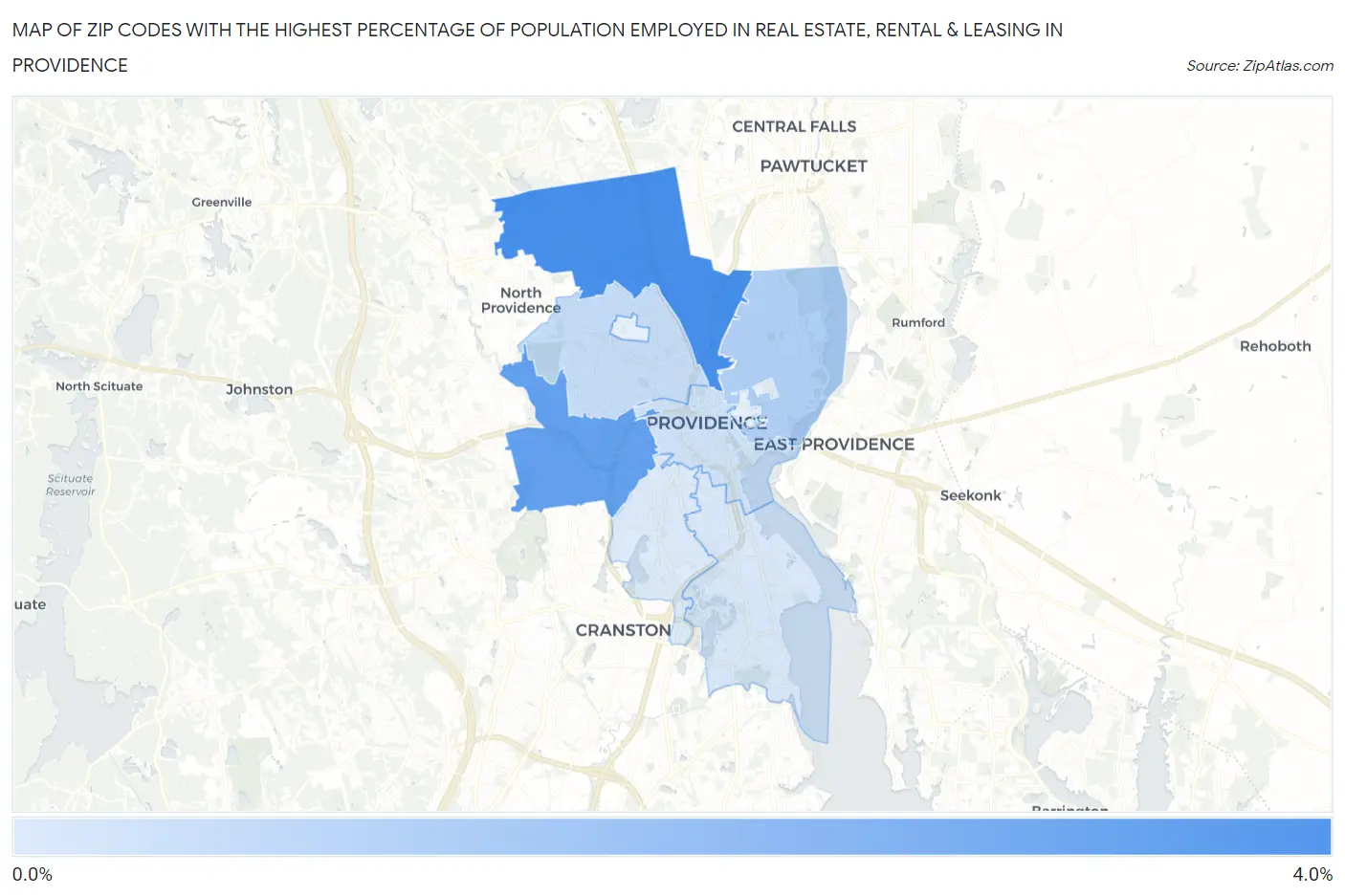 Zip Codes with the Highest Percentage of Population Employed in Real Estate, Rental & Leasing in Providence Map