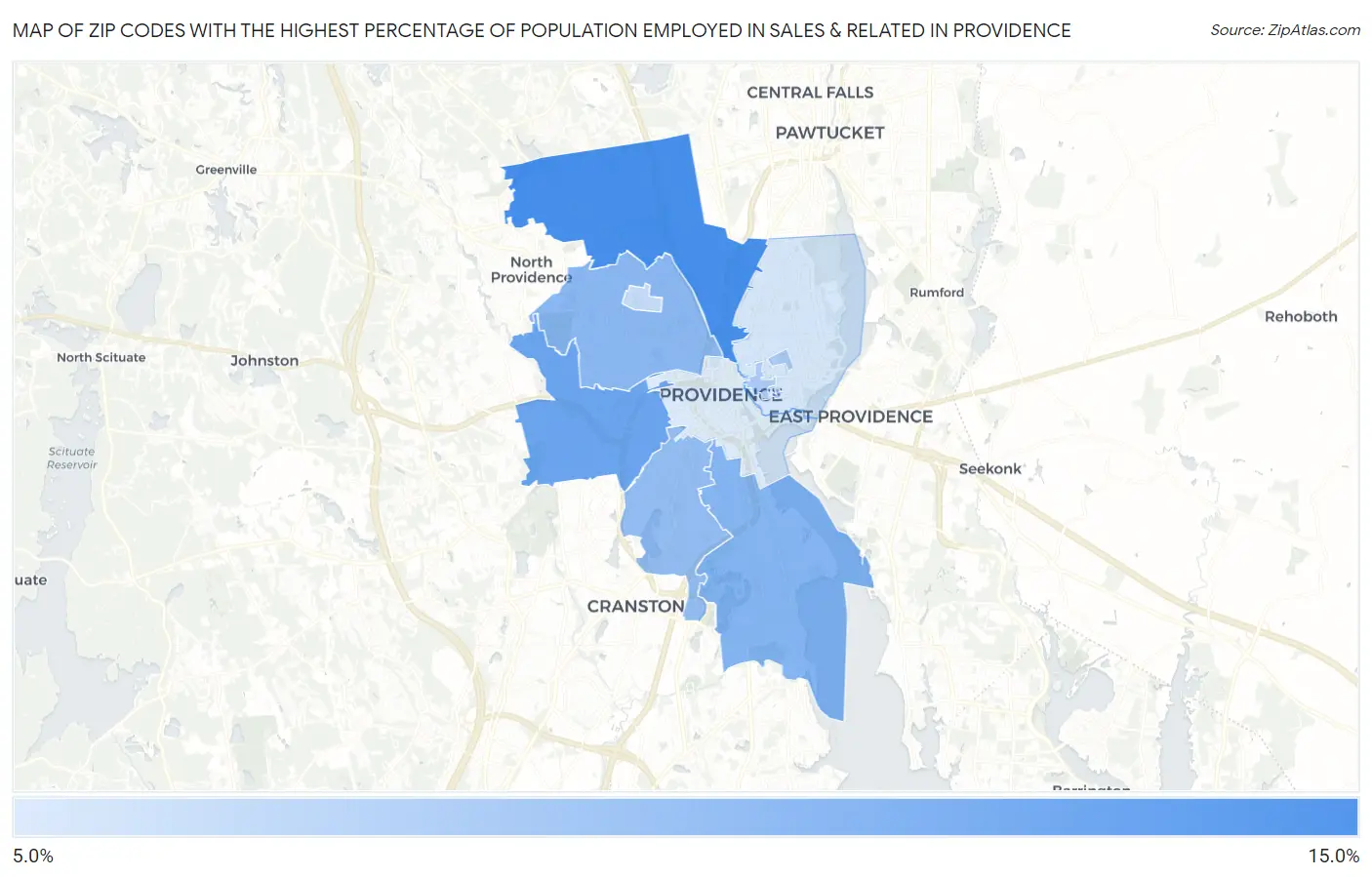 Zip Codes with the Highest Percentage of Population Employed in Sales & Related in Providence Map