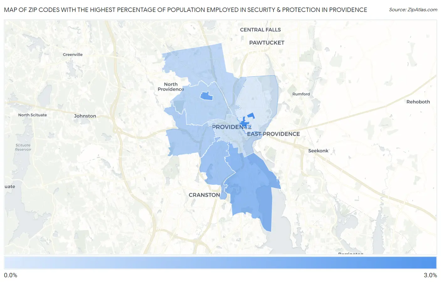 Zip Codes with the Highest Percentage of Population Employed in Security & Protection in Providence Map