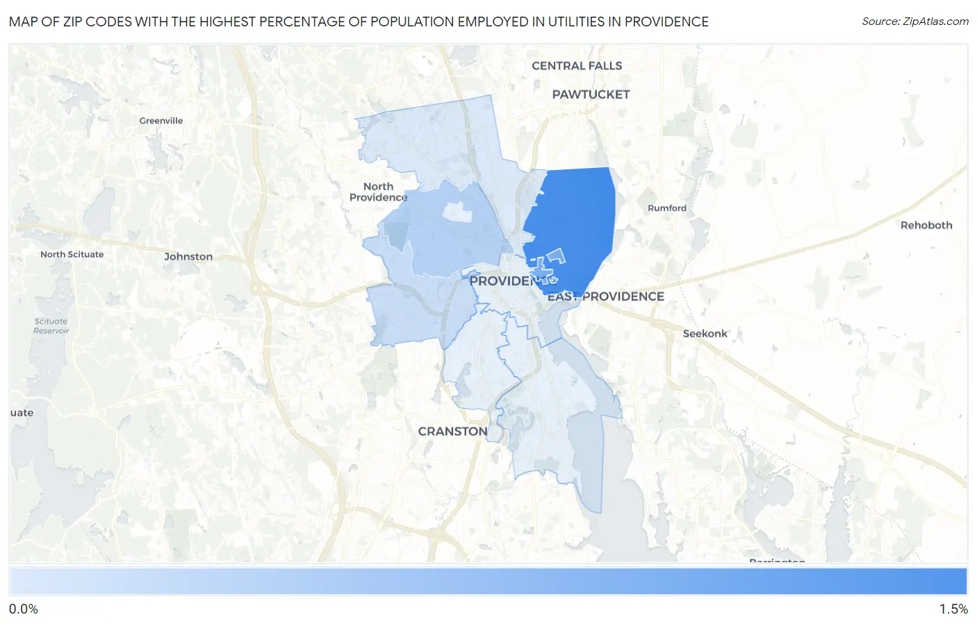 Zip Codes with the Highest Percentage of Population Employed in Utilities in Providence Map