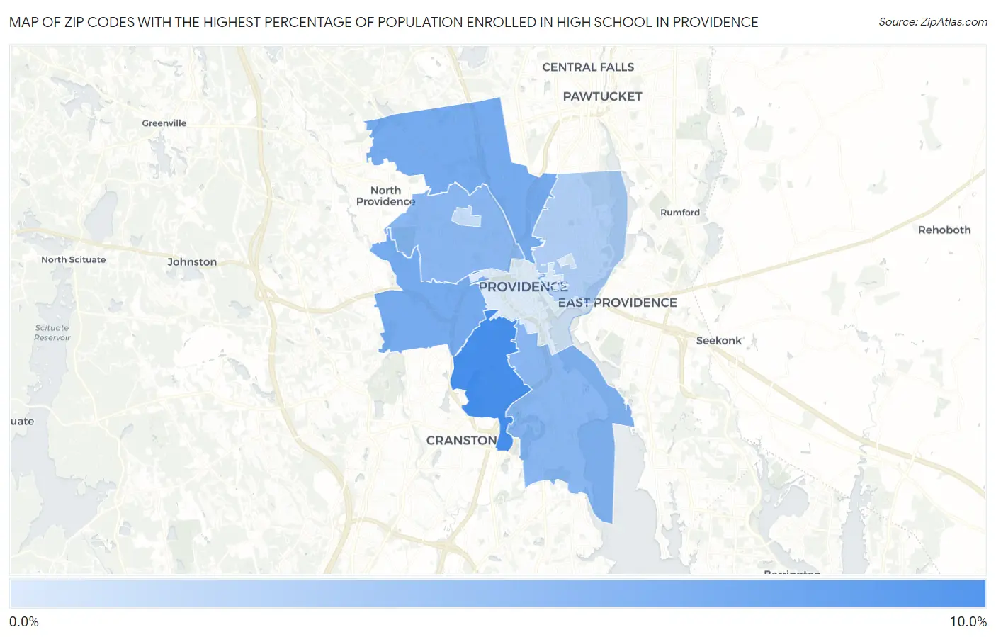 Zip Codes with the Highest Percentage of Population Enrolled in High School in Providence Map