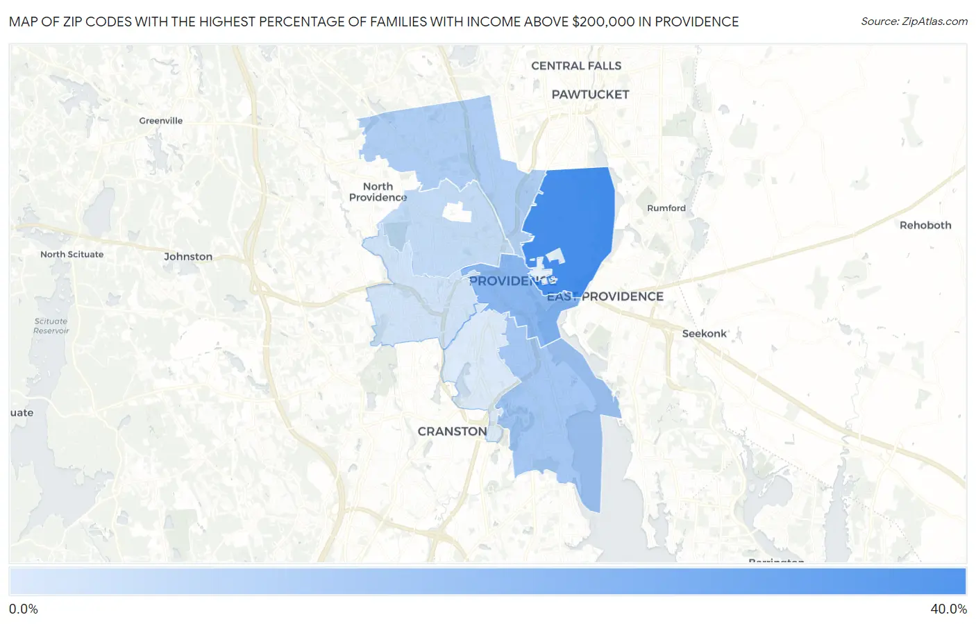 Zip Codes with the Highest Percentage of Families with Income Above $200,000 in Providence Map