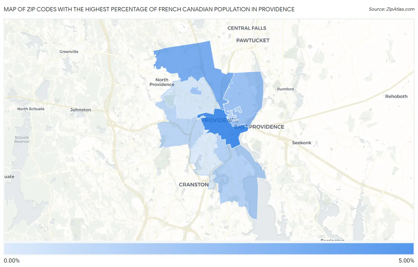 Zip Codes with the Highest Percentage of French Canadian Population in Providence Map