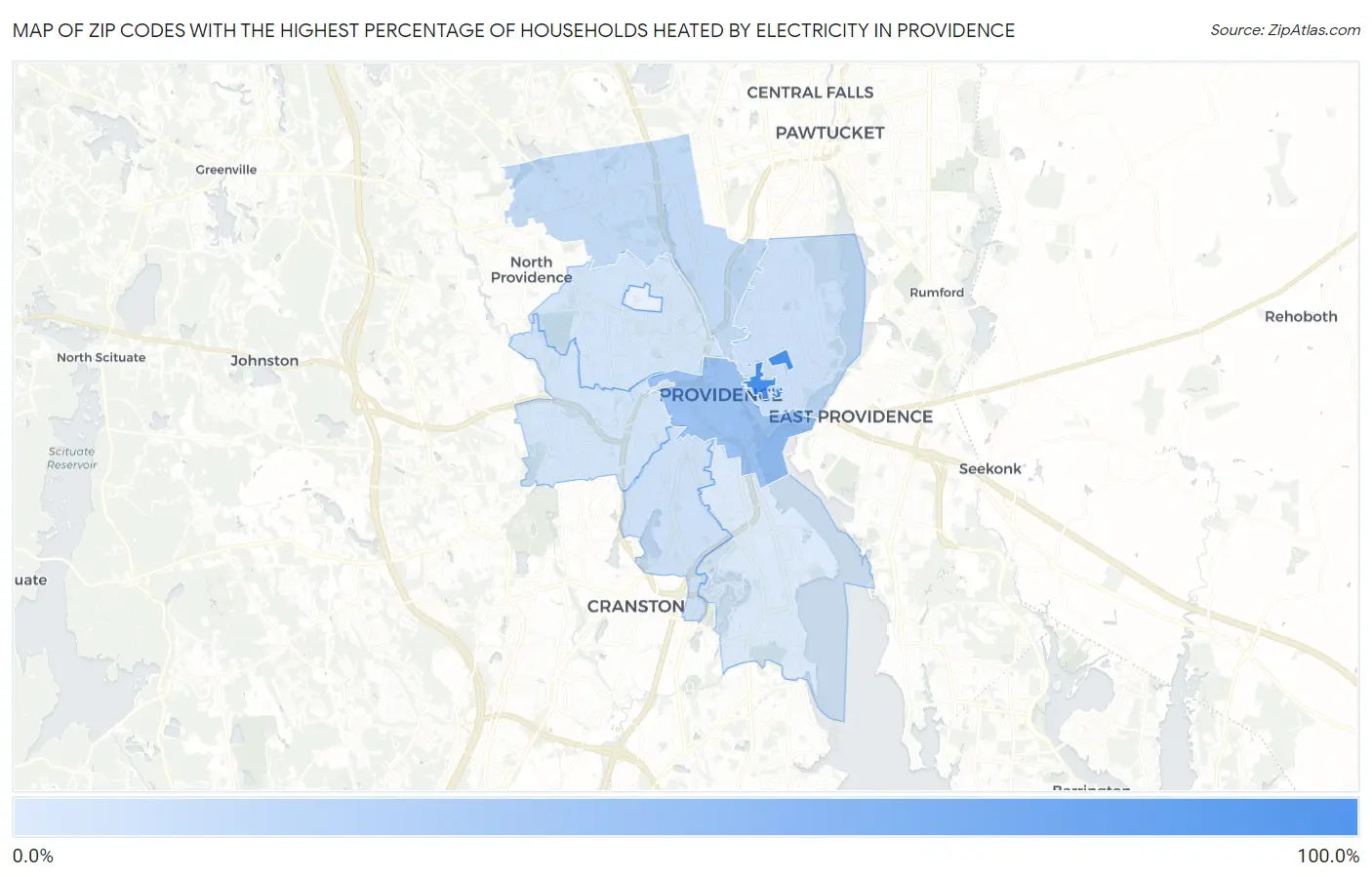 Zip Codes with the Highest Percentage of Households Heated by Electricity in Providence Map