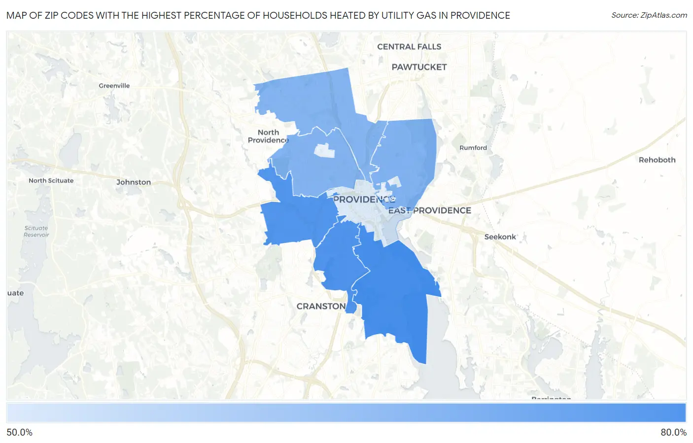 Zip Codes with the Highest Percentage of Households Heated by Utility Gas in Providence Map