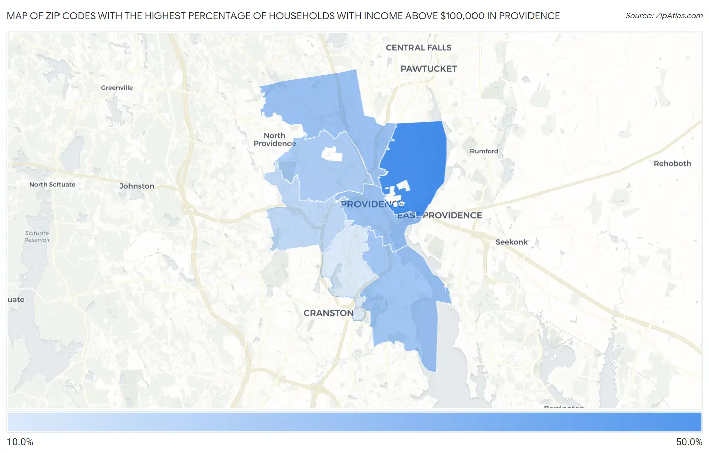 Zip Codes with the Highest Percentage of Households with Income Above $100,000 in Providence Map