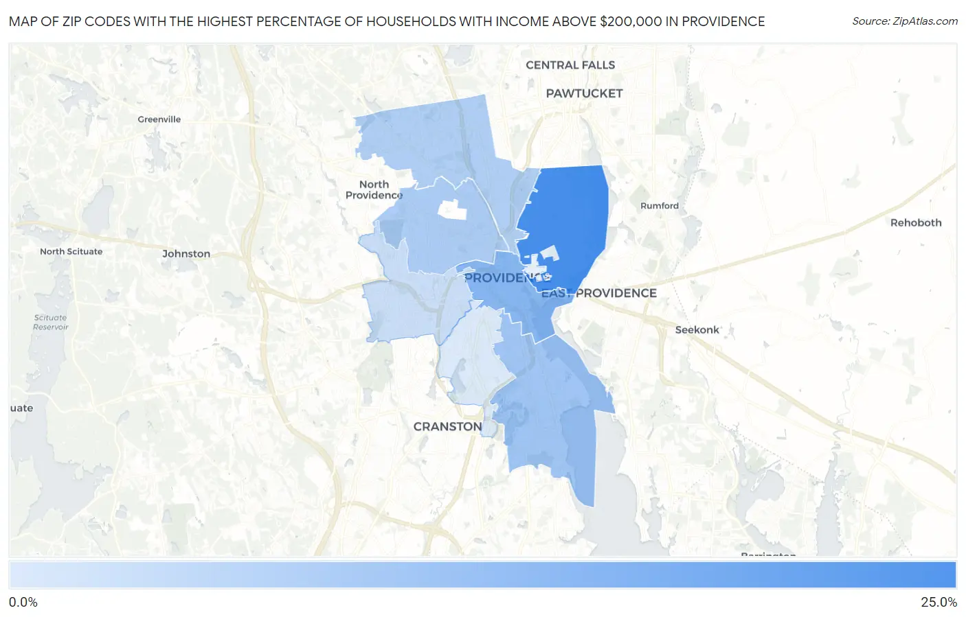 Zip Codes with the Highest Percentage of Households with Income Above $200,000 in Providence Map