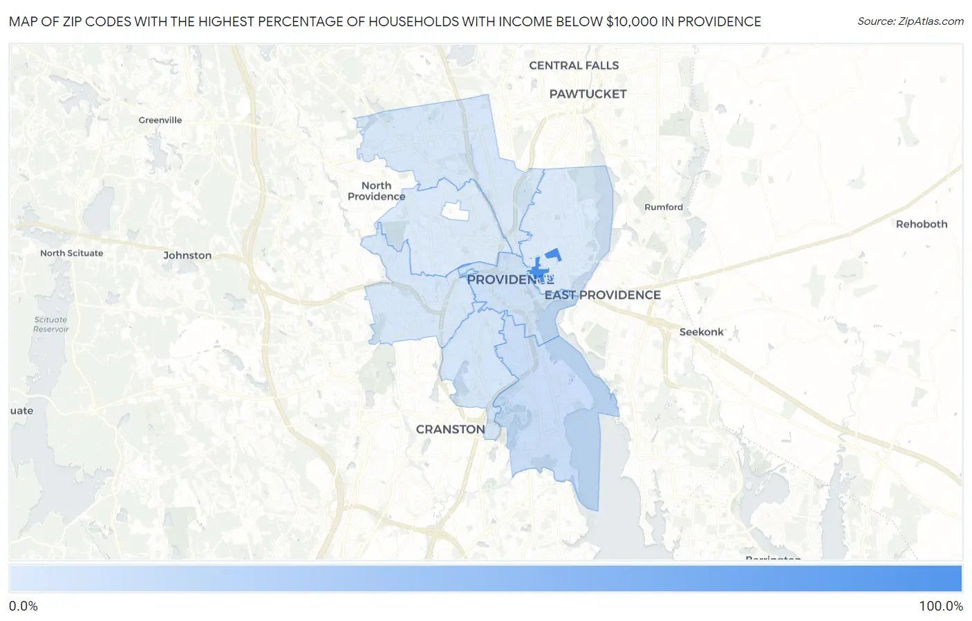 Zip Codes with the Highest Percentage of Households with Income Below $10,000 in Providence Map