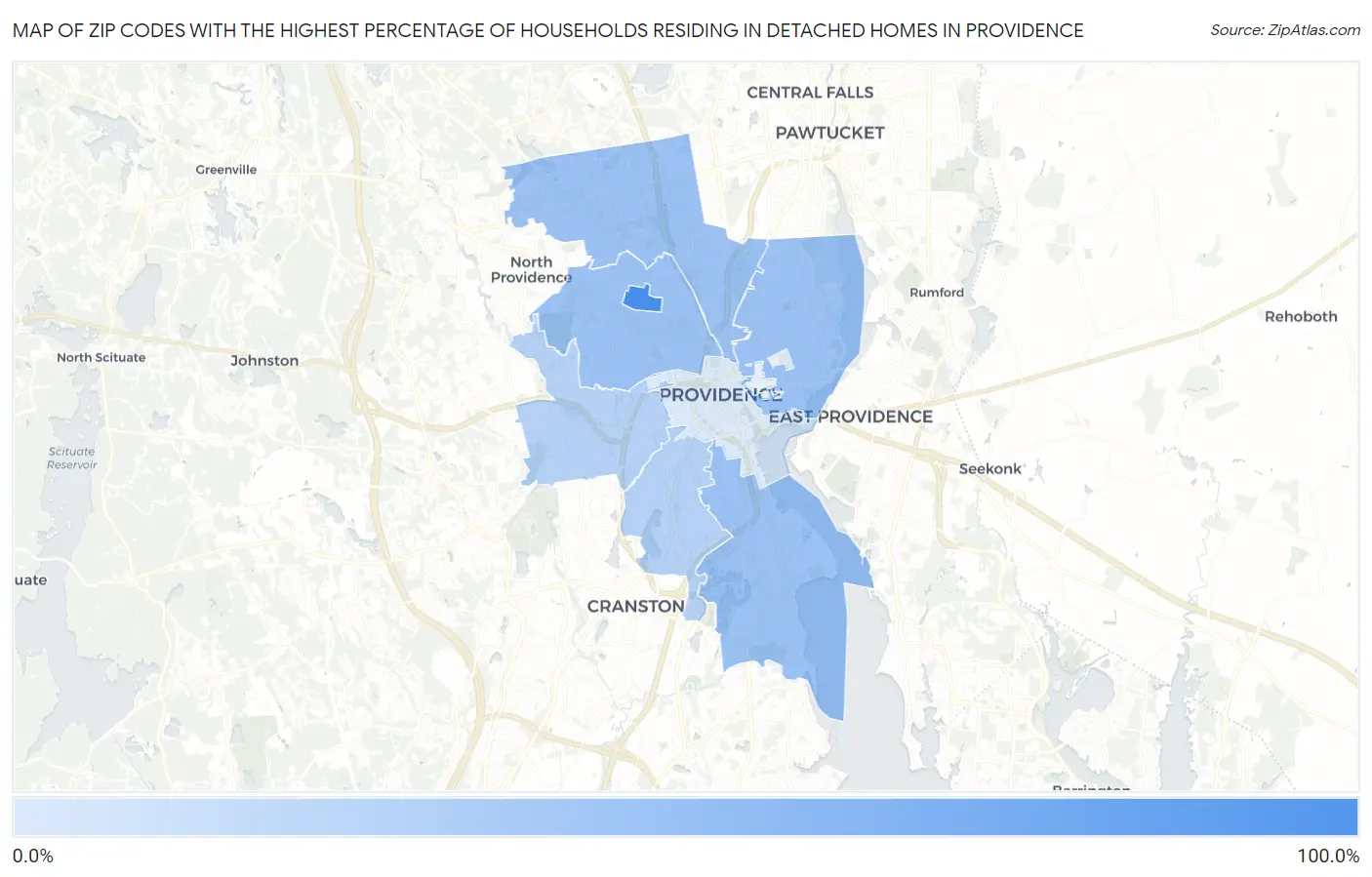 Zip Codes with the Highest Percentage of Households Residing in Detached Homes in Providence Map