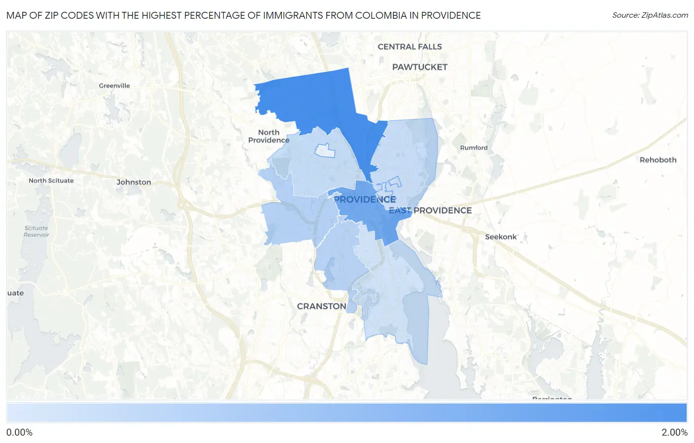 Zip Codes with the Highest Percentage of Immigrants from Colombia in Providence Map