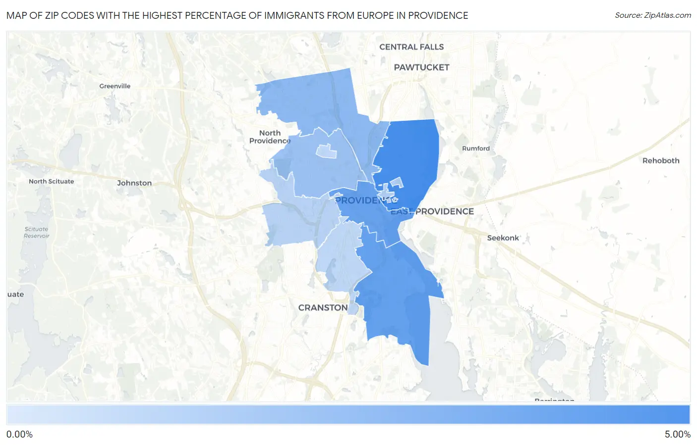 Zip Codes with the Highest Percentage of Immigrants from Europe in Providence Map